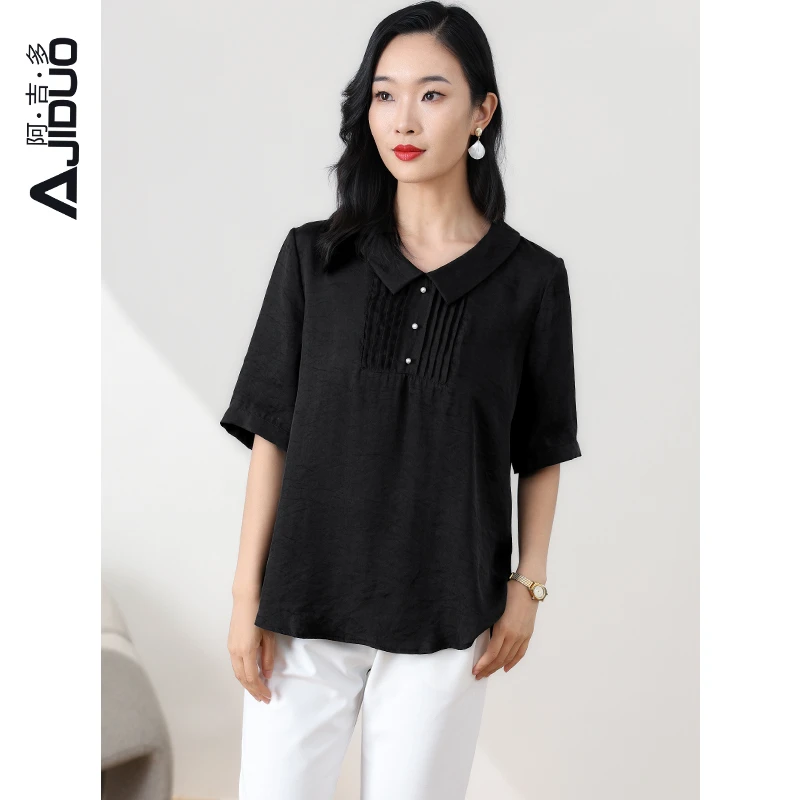 阿吉多铜氨丝黑色t恤女2024新款夏季风琴褶洋气减龄小衫半袖上衣