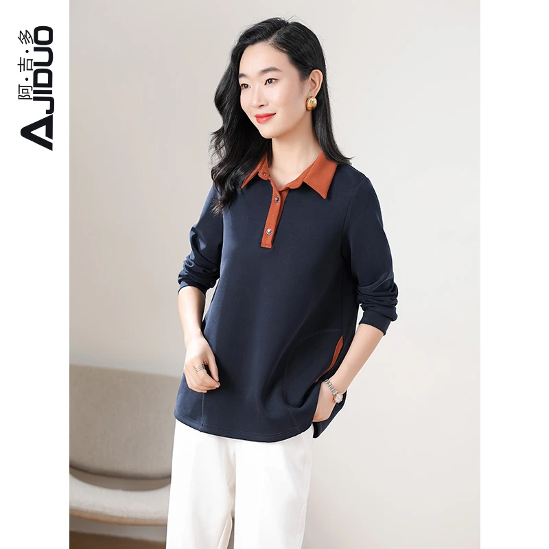 阿吉多长袖t恤2024新款女春秋藏蓝色通勤气质高级翻领大码上衣