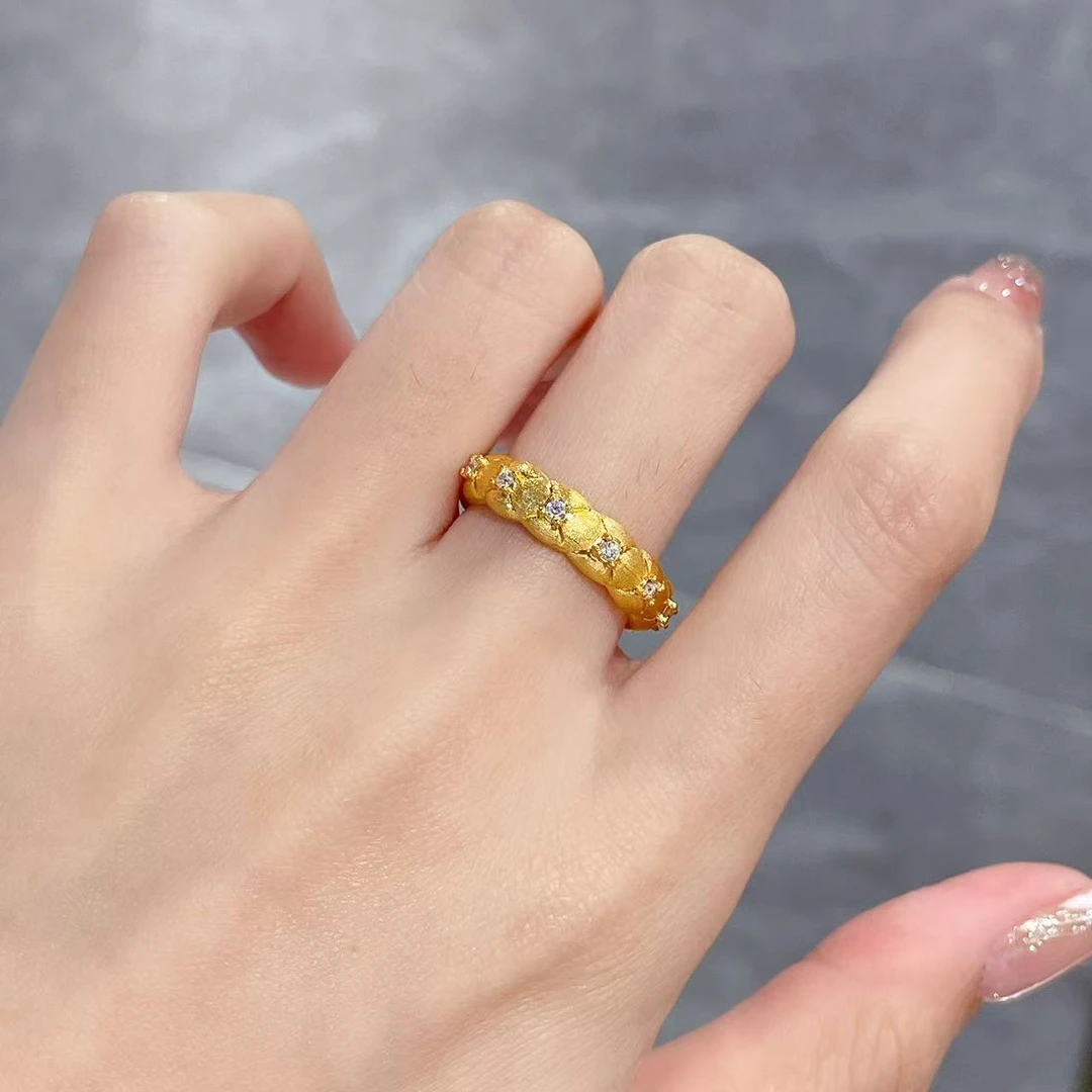 足金999 黄金首饰 5D镶嵌莫桑编号054款戒指 时尚精美排戒