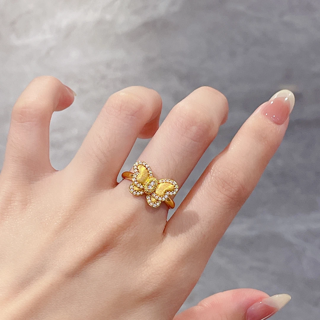 足金999 黄金首饰 5D莫桑 倾城蝴蝶戒指  精致足金时尚戒指