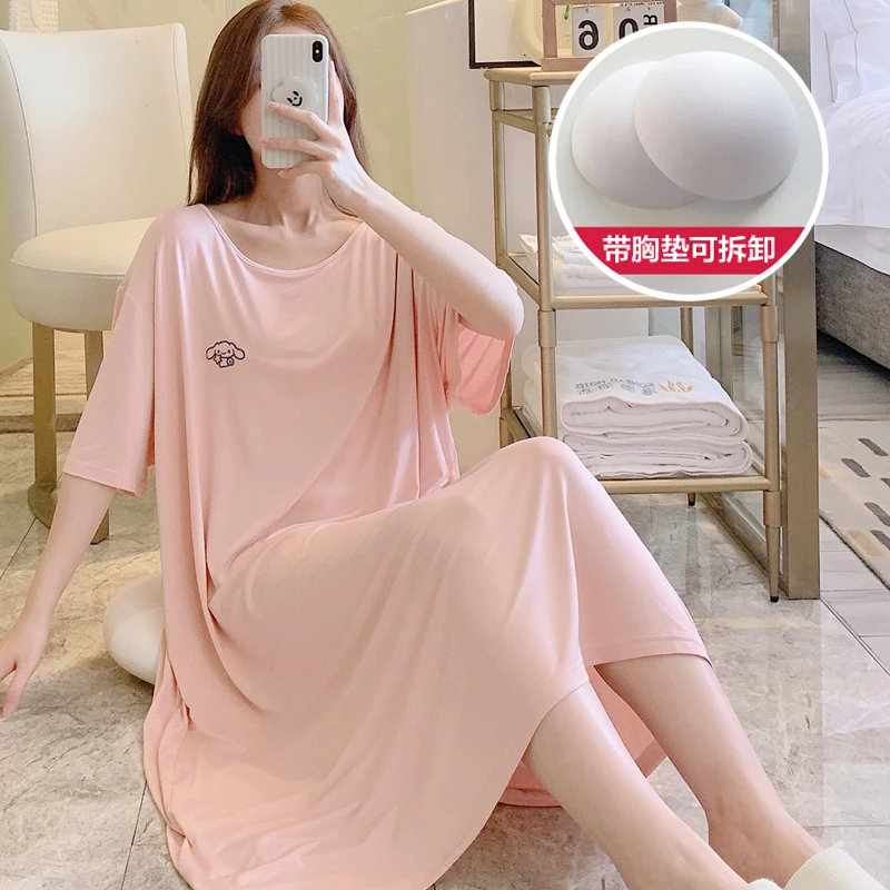 带胸垫莫代尔大码睡裙夏季新款短袖加肥加大过膝中长款女士家居服