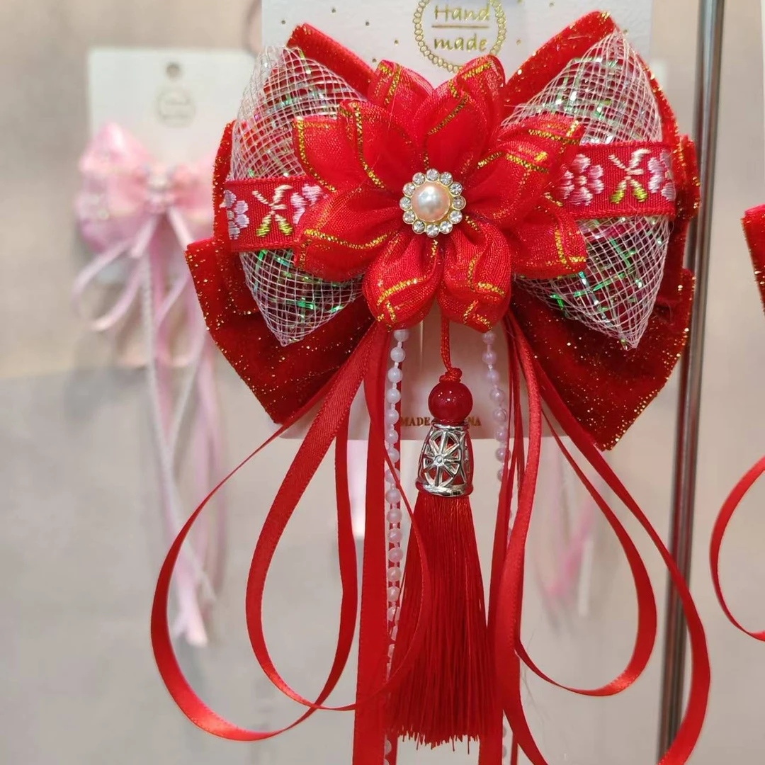 儿童古风汉服头饰红色蝴蝶结流苏发夹公主发饰女童手工中国风发卡