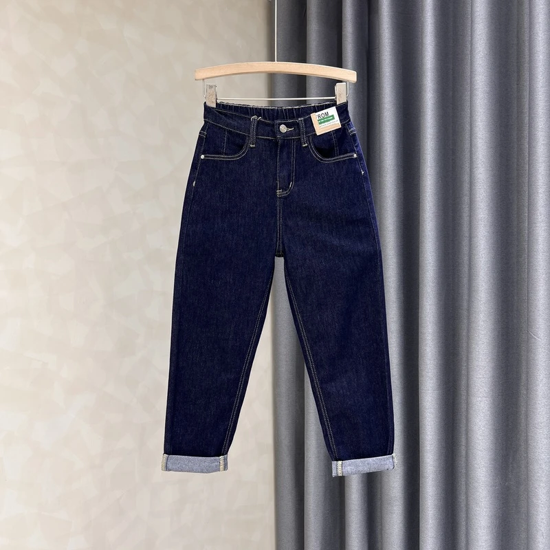 不褪色普洗蓝牛仔裤女新款宽松显瘦九分小个子松紧高腰弹力哈伦裤