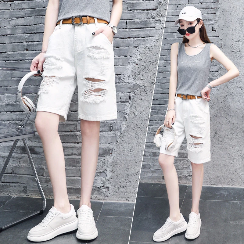 白色夏季高腰五分裤破洞牛仔短裤女胖mm显瘦小个子大码薄款直筒裤