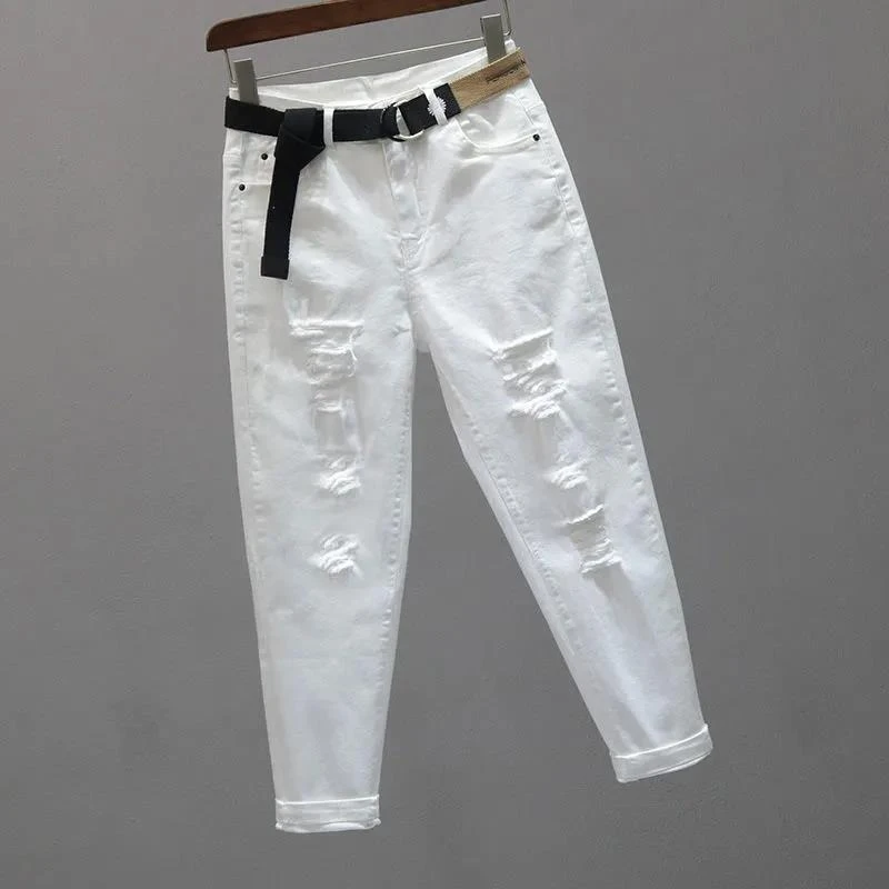 白色破洞宽松牛仔裤女薄款夏季新款弹力显瘦九分哈伦裤潮萝卜裤子