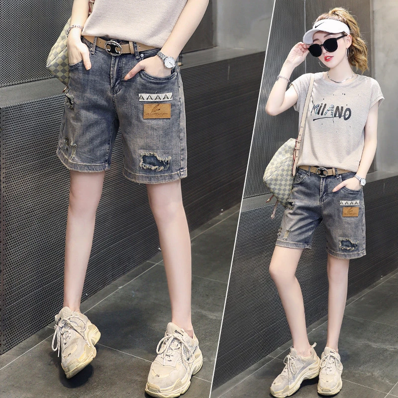 破洞牛仔短裤女装2025春夏季新款宽松薄款显瘦直筒小个子五分裤子
