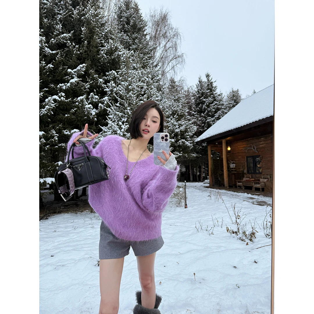 FORNI  超比例定制薰衣草色羊驼毛不扎毛衣领宽松毛衣套头毛衣V领