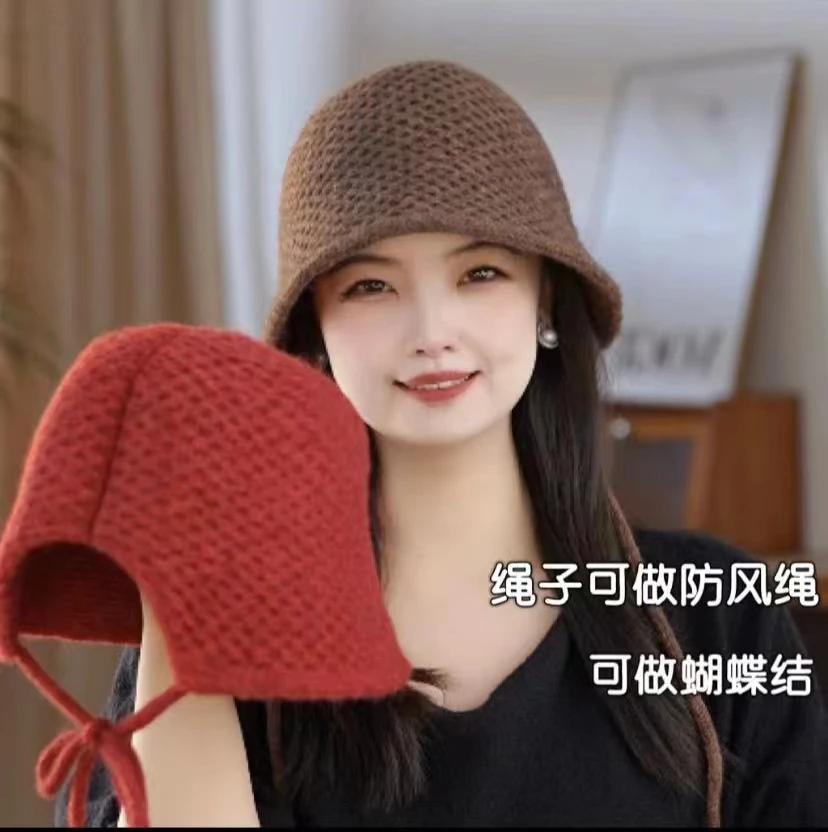 后开叉带防风绳手工针织帽女包头毛线帽百搭显脸小护耳保暖毛绒帽