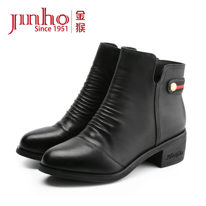 Jinho/金猴真皮舒适百搭冬季时尚休闲粗跟英伦风女士短靴490278A