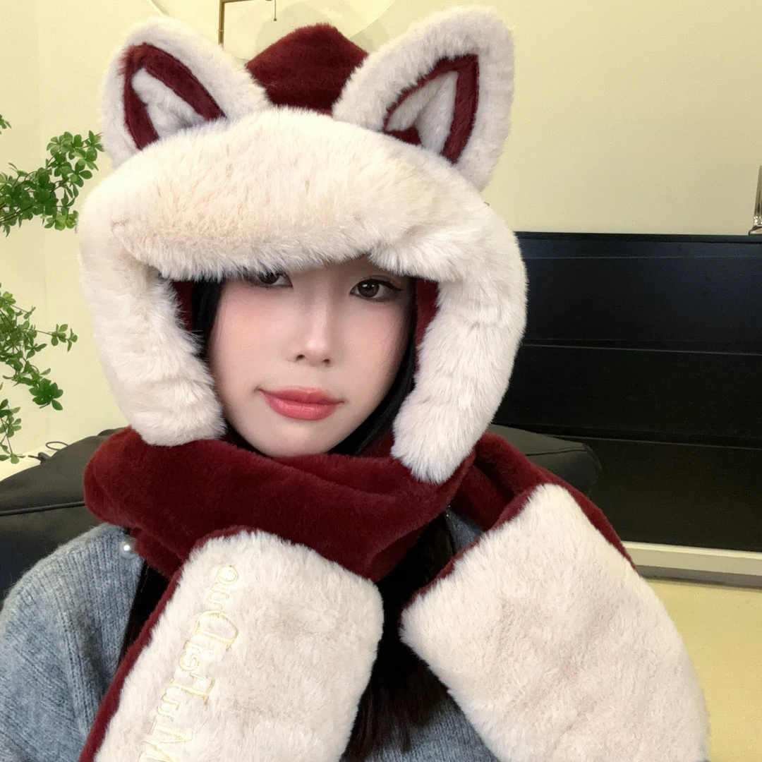新款灵动狐狸帽子女秋冬骑车保暖防寒毛绒可爱帽子围巾一体三件套