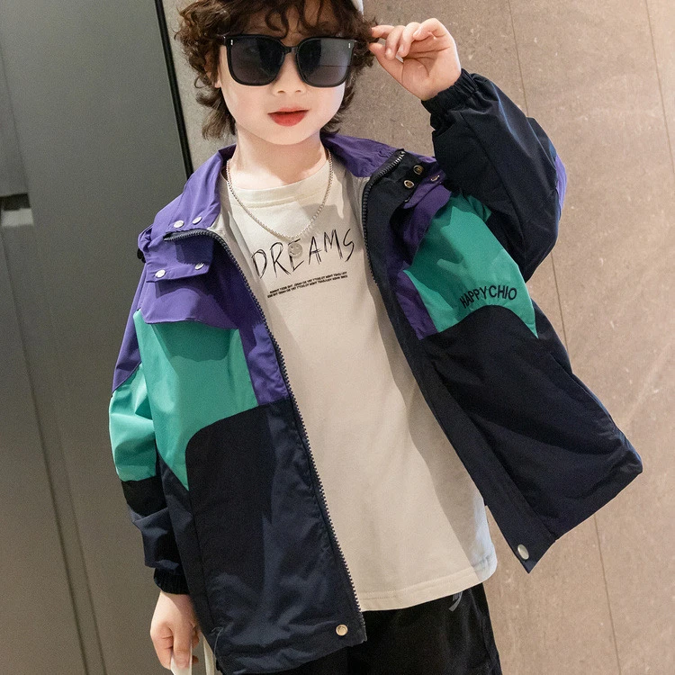 男童冲锋衣春秋款防风外套时尚拼接风衣潮流中大童上衣帅气夹克潮