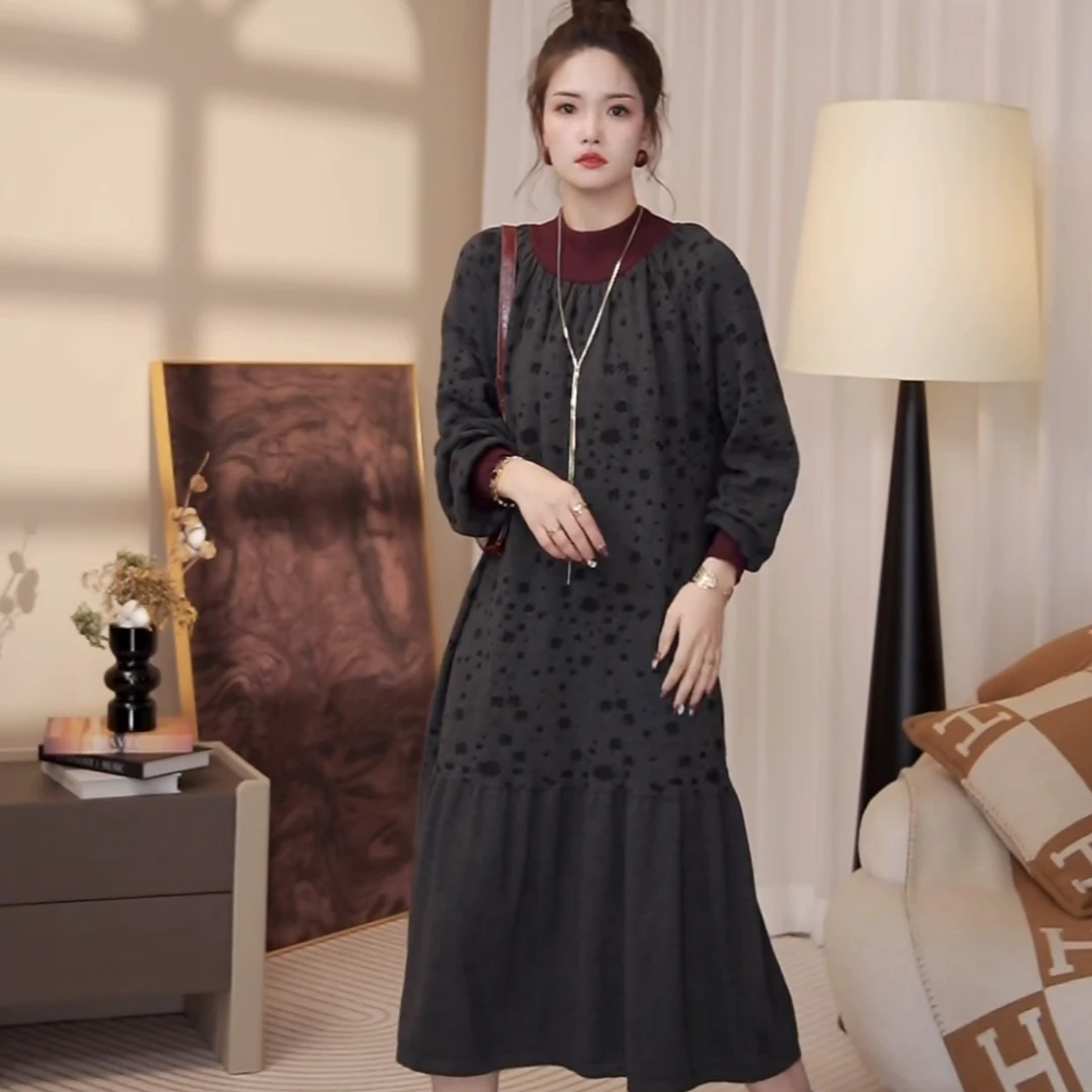 高端品质【温文儒雅】冬季斑点泼花长款秋冬毛衣打底连衣裙-6213#