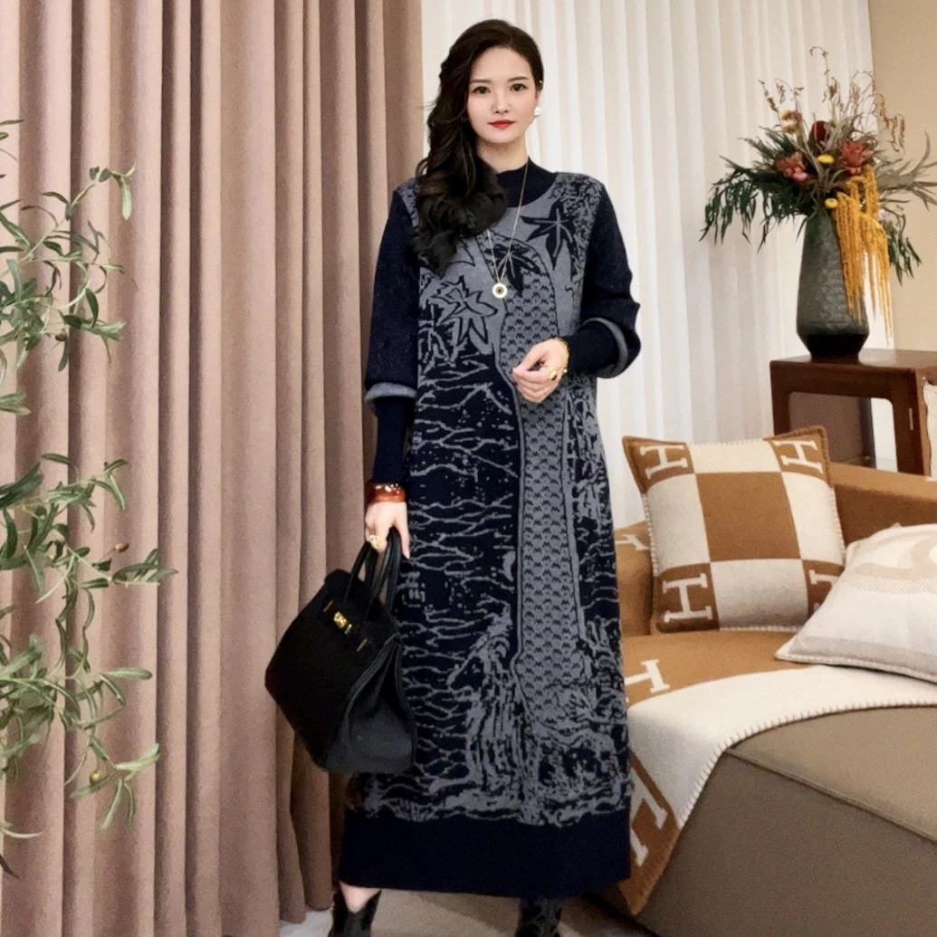 高端品质[柏林之森]冬季长款蓝色提花秋冬毛衣显瘦连衣裙-6007#