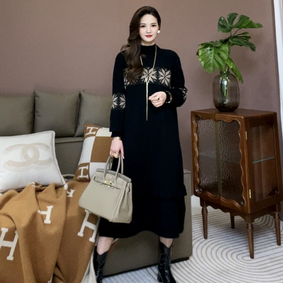 高端品质【格林童话】秋冬保暖时尚显瘦宽松长款大码连衣裙女-2400#