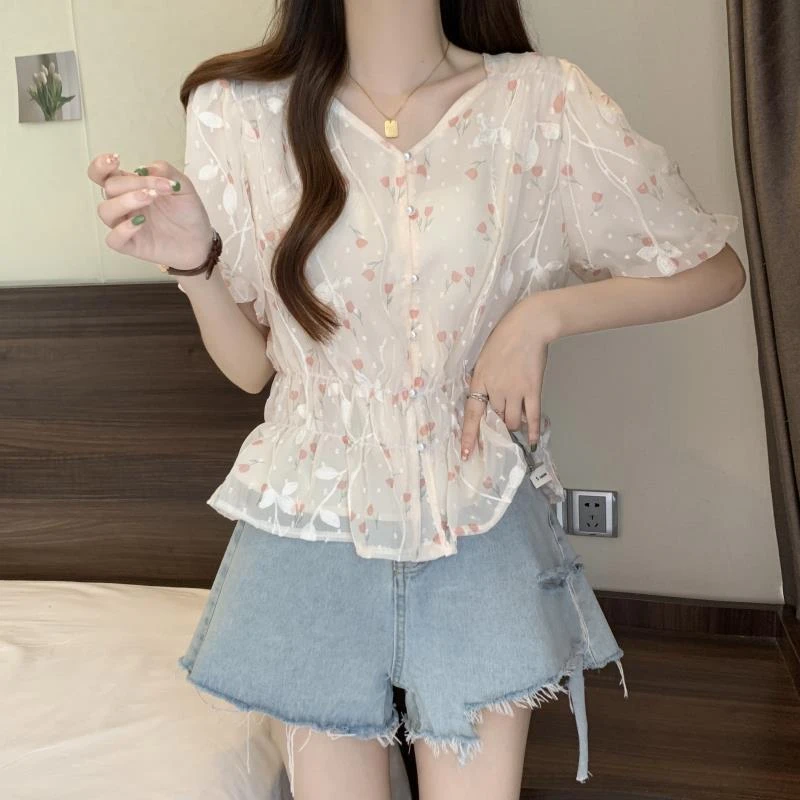泡泡袖雪纺衬衫女夏装大码胖收腰显瘦法式上衣减龄漂亮碎花小衫
