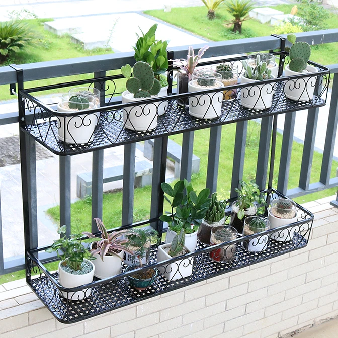 双层悬挂花架栏杆养花挂式花盆架子防盗网收纳花架子铁艺烤漆长形