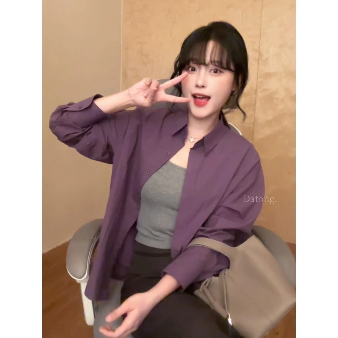【Datong】韩版新款复古紫色polo领宽松长袖衬衫外套