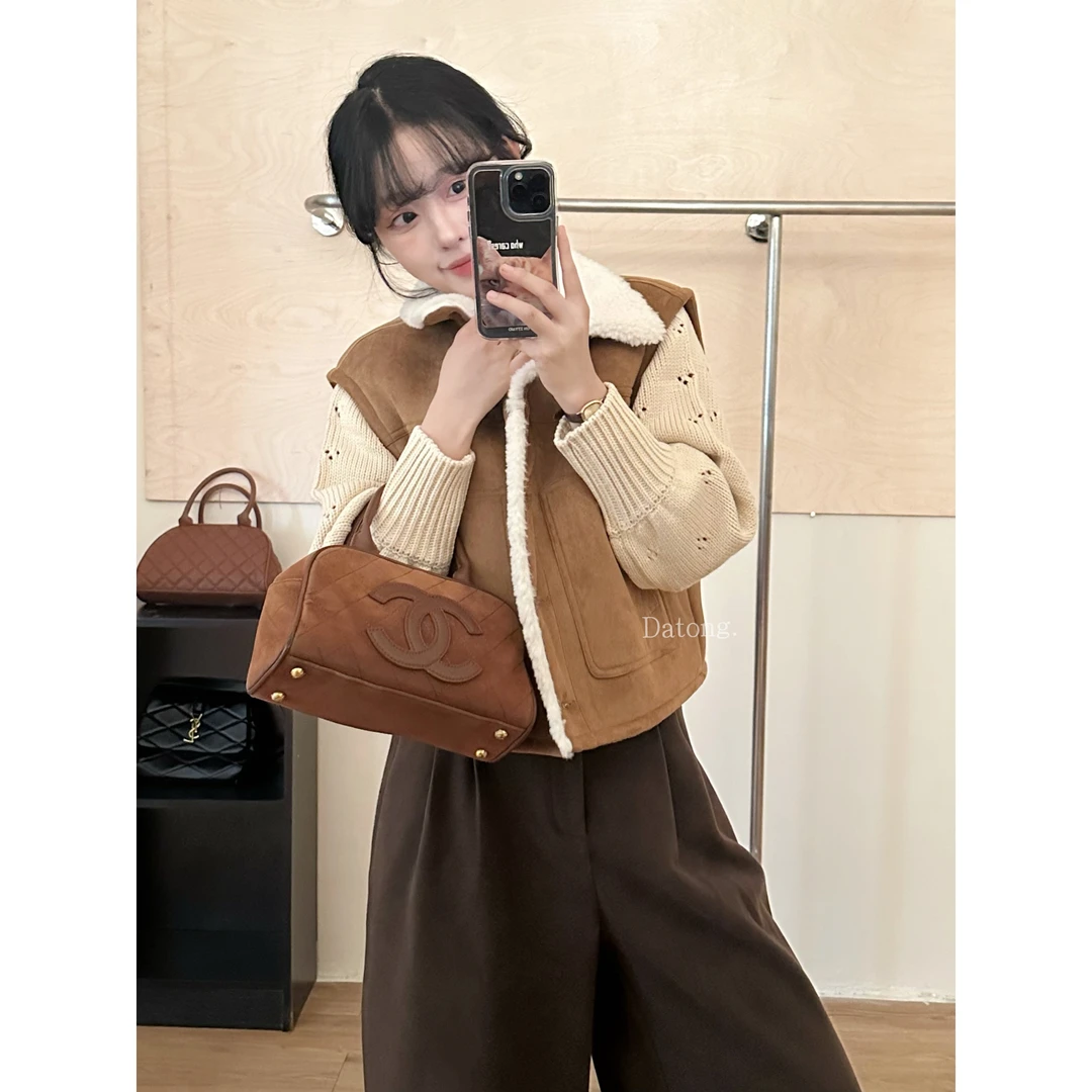 【Datong】冬季棕色翻领单排扣无袖马甲皮毛一体短外套