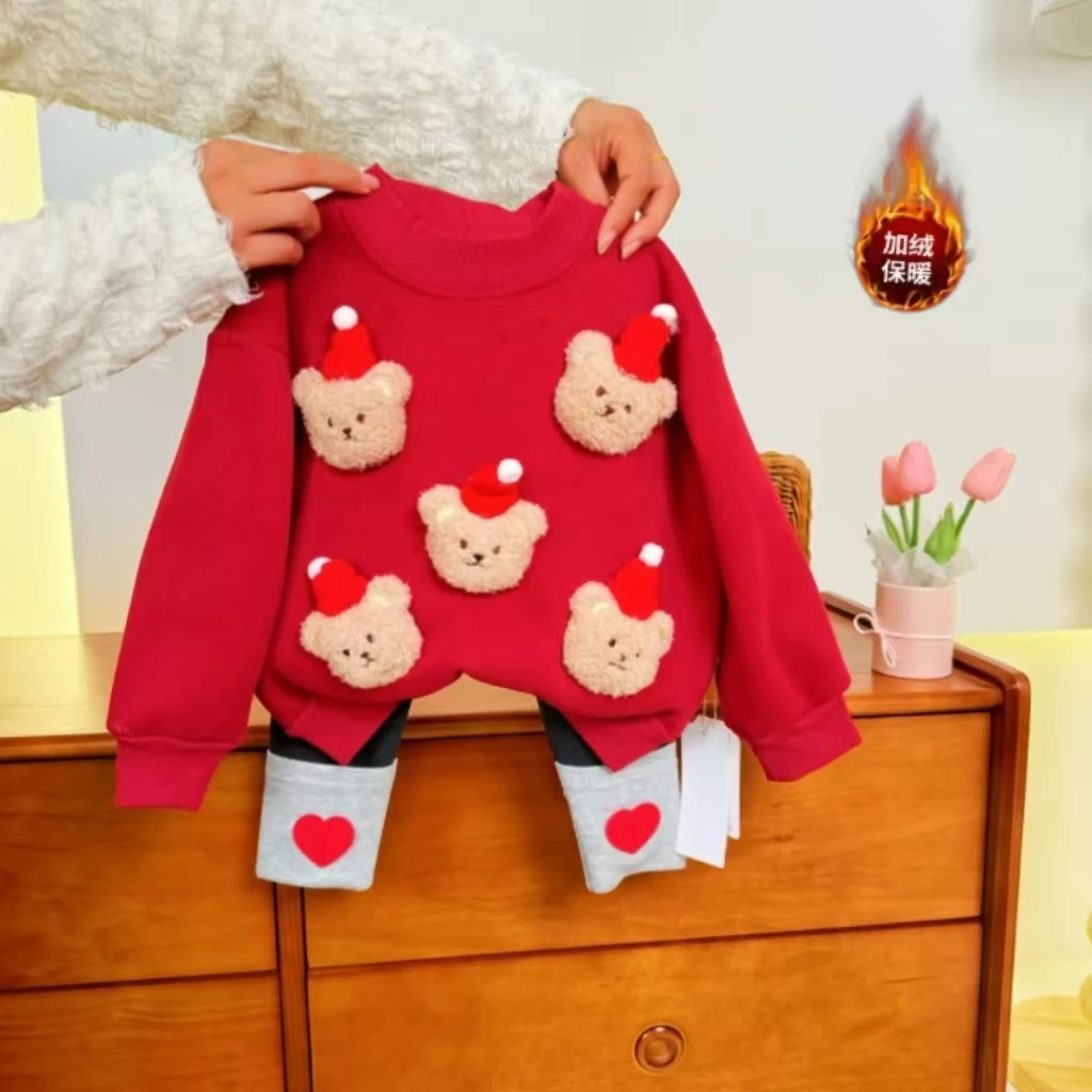 (买上衣送裤子）圣诞款小熊卫衣女童打底裤加绒加厚