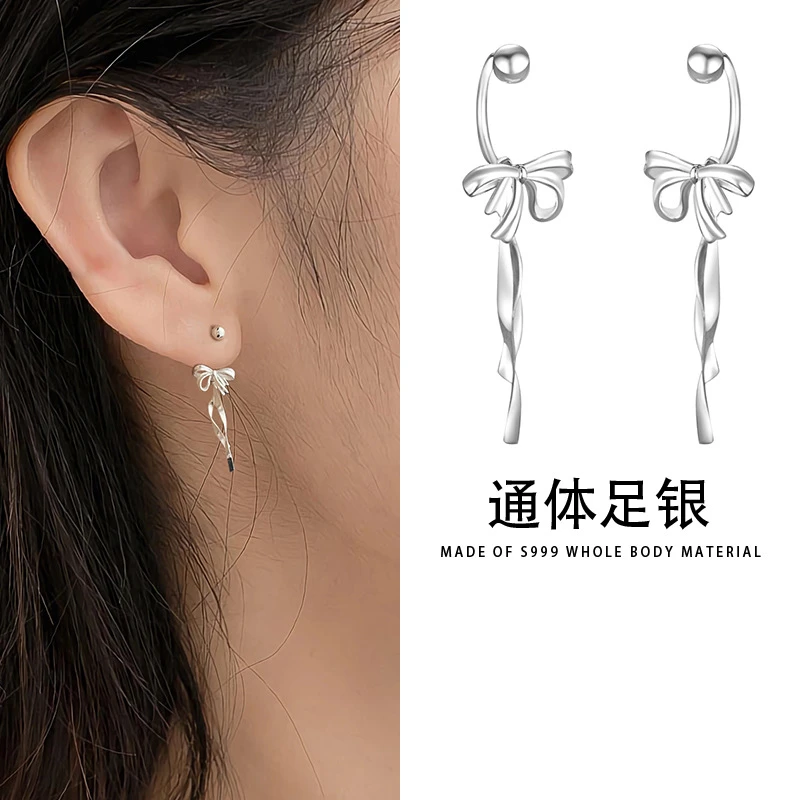 S999银流苏蝴蝶结耳环女设计耳钉2025新款爆款高级感