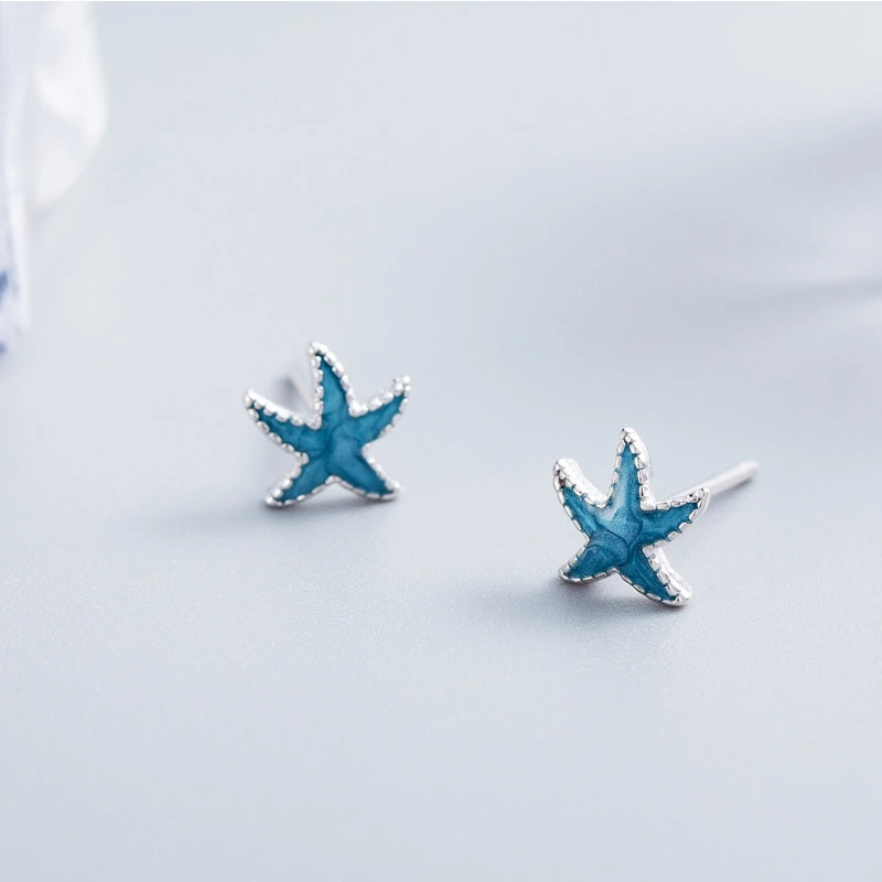 925纯银滴油海星耳钉女士时尚个性经典海洋生物简约蓝色百搭耳环