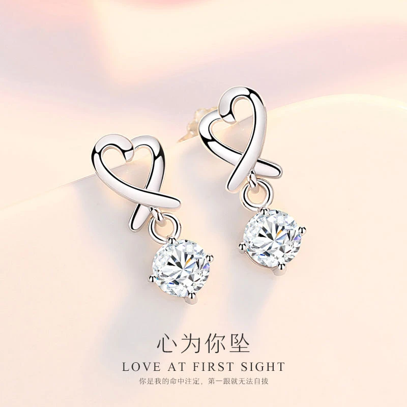 925银耳饰 新潮款比心爱你925纯银耳环送女友小耳坠网红小巧耳钉