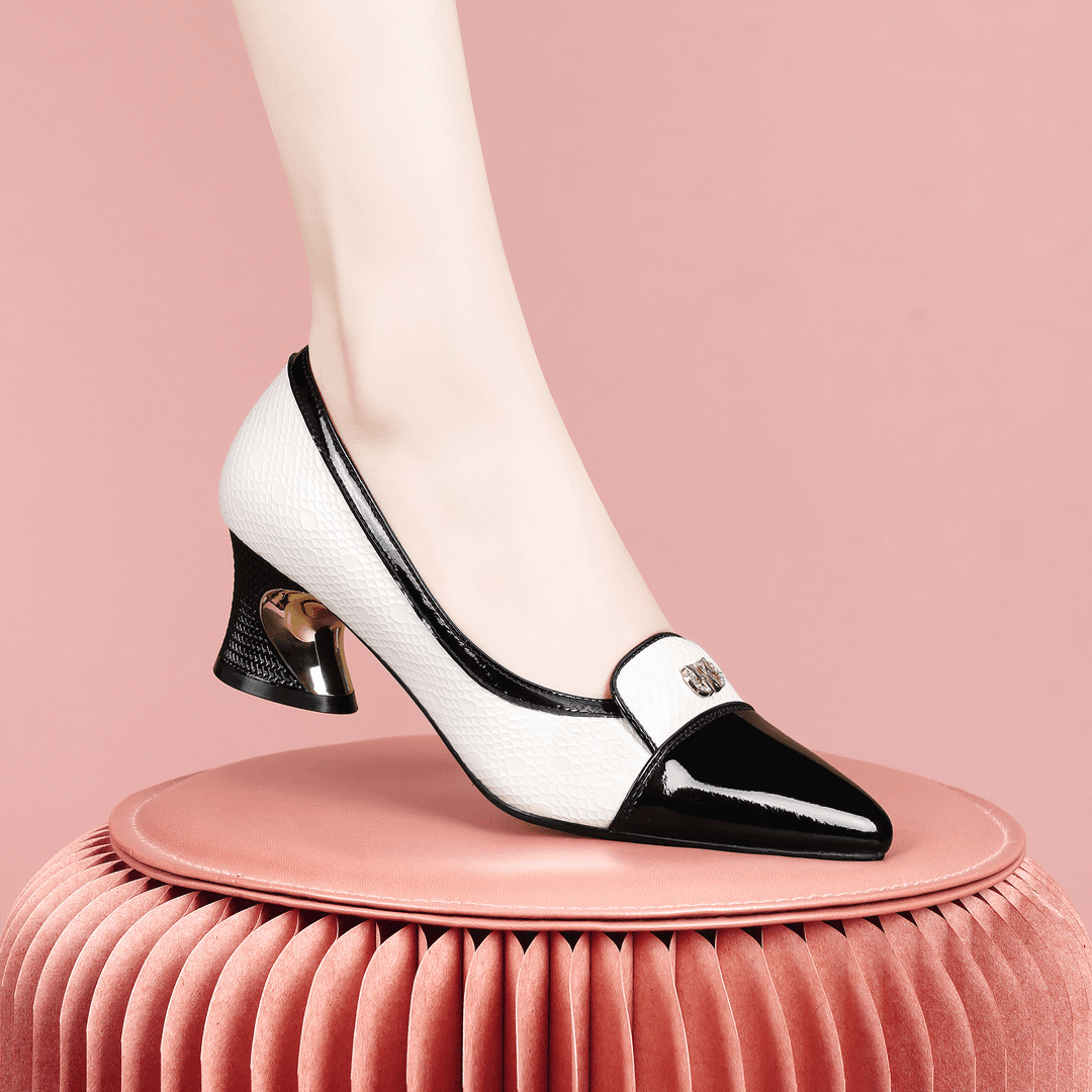 梵芮诗春秋简约时尚尖头拼色浅口气质百搭女低跟粗跟单鞋-J0387