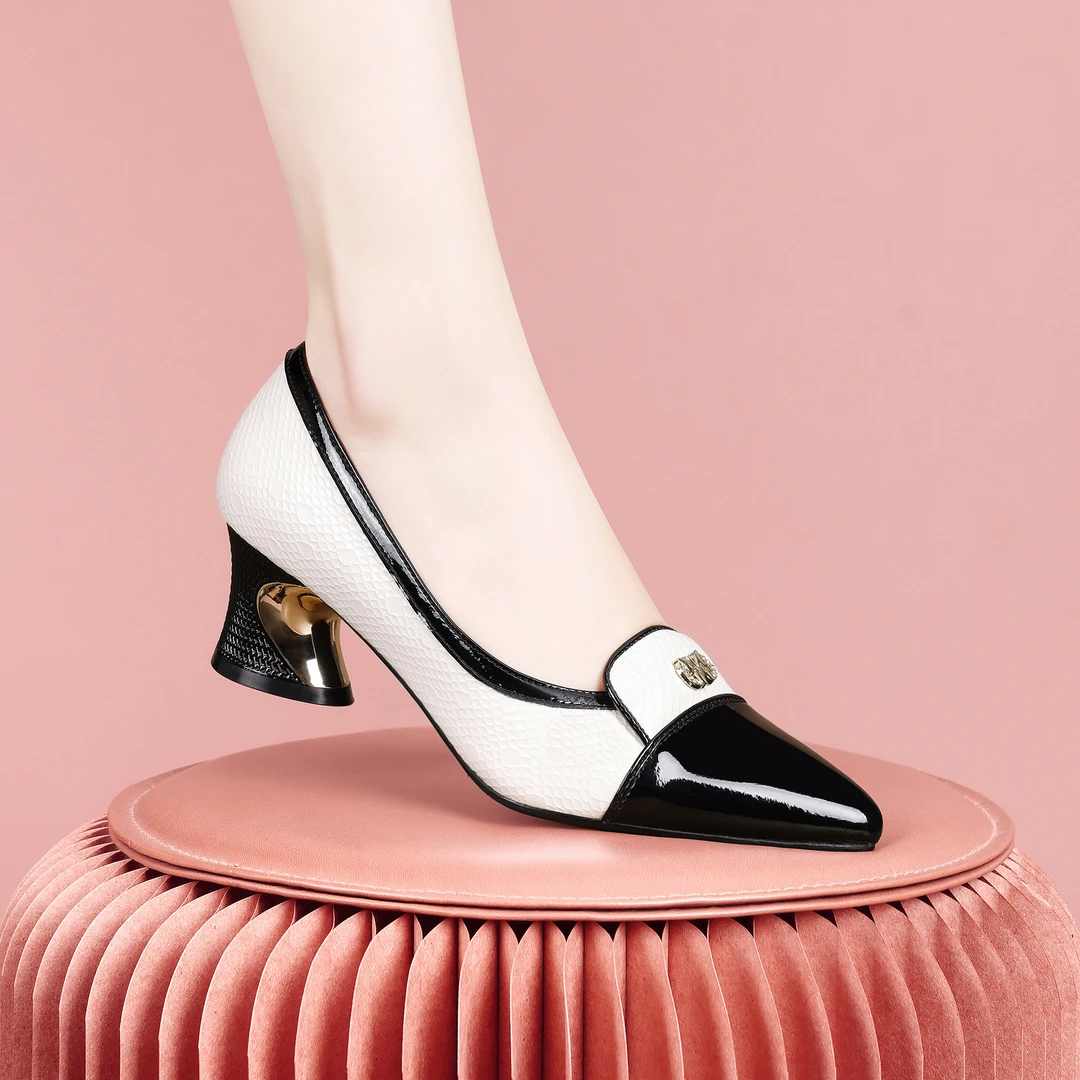 梵芮诗春秋简约时尚尖头拼色浅口气质百搭女低跟粗跟单鞋-J0387