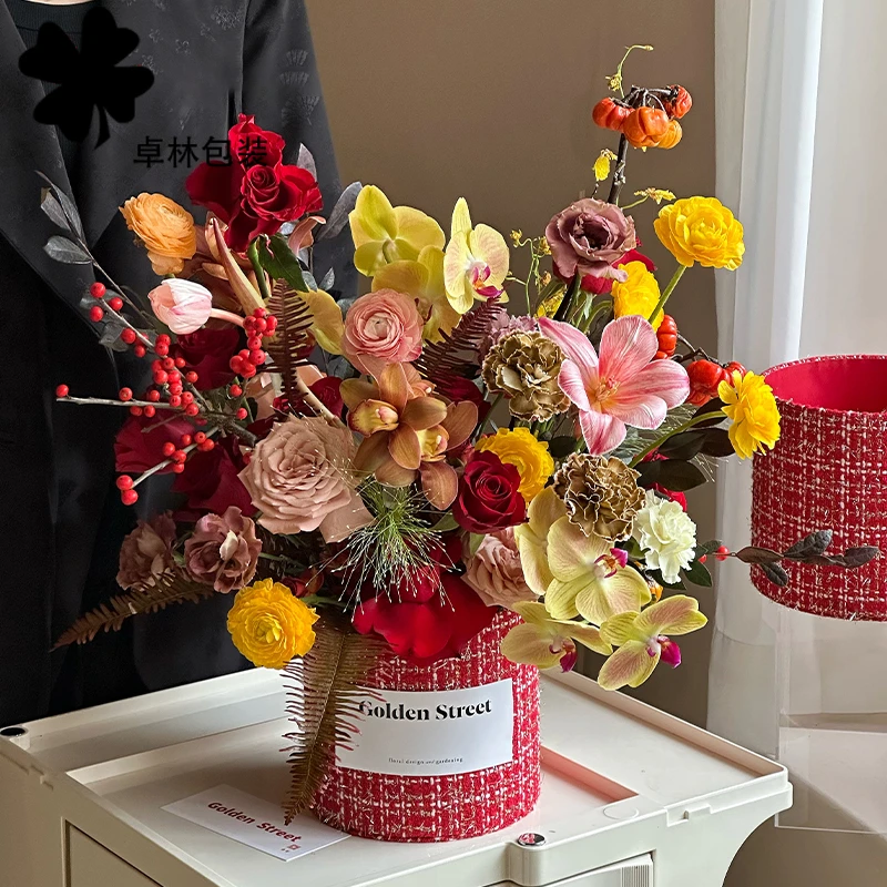 红色小香风布艺抱抱桶创意DIY插花小圆桶花店用品资材