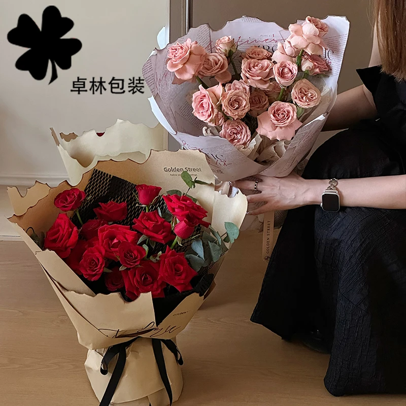 卓林新款烈火爱人烧边火烧包装纸玫瑰花束包花纸花店用品资材
