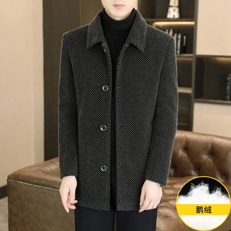 男士冬季新国标90鹅绒毛呢外套鹅绒内胆中长款外套男加厚休闲百搭