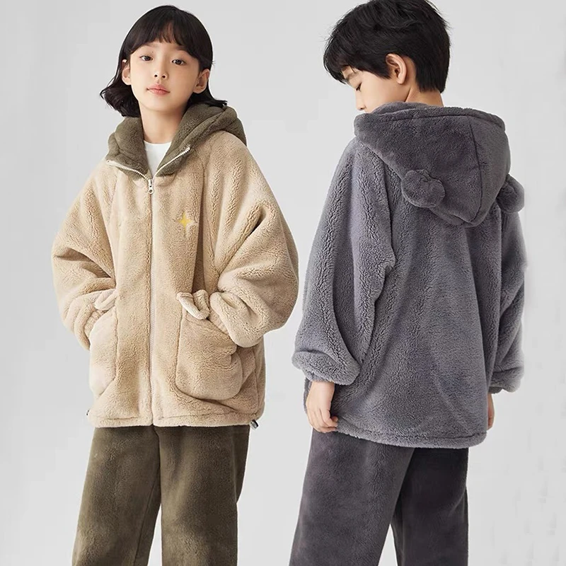 2025秋冬款儿童加厚加绒连帽睡衣套装中大童保暖男女法兰绒家居服