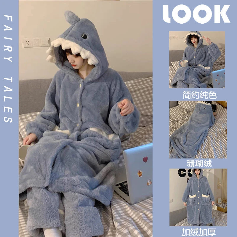 新款珊瑚绒小鲨鱼睡衣女秋冬季加绒加厚保暖可外穿家居服睡袍套装