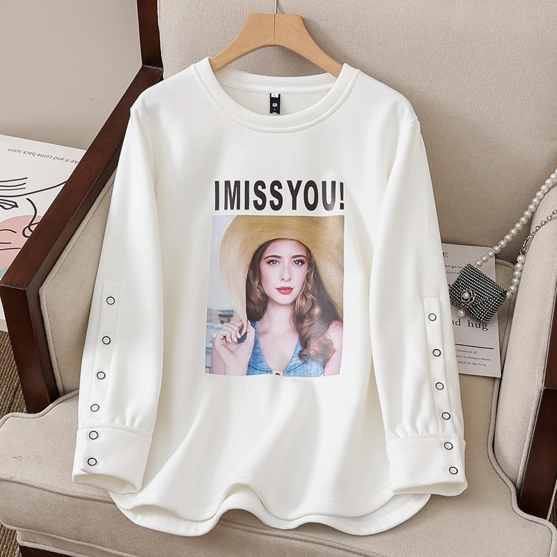 洋气纯棉大码宽松t恤卫衣女秋冬装新款图案印花圆领长袖打底衫