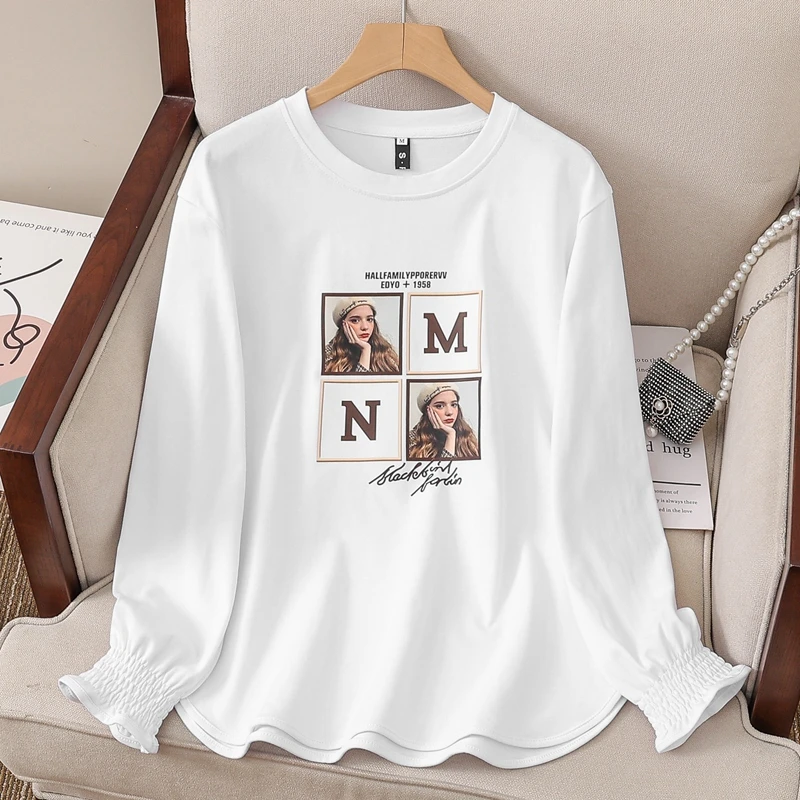 洋气纯棉大码长袖宽松荷叶袖t恤女春装新款图案百搭圆领打底衫