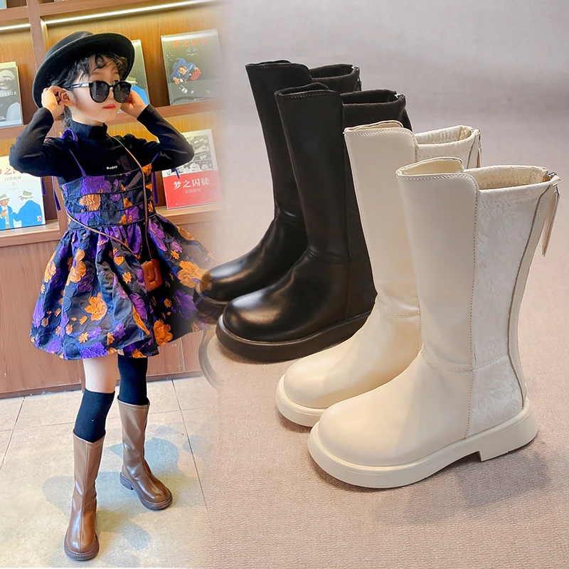 【潮款】女童马丁靴长筒靴子2024秋季新款小女孩学院风高帮靴小香