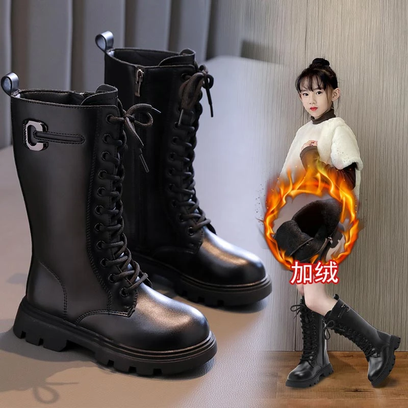 女童加绒靴子2025新款高筒棉靴公主靴小女孩长靴中大童洋气马丁靴