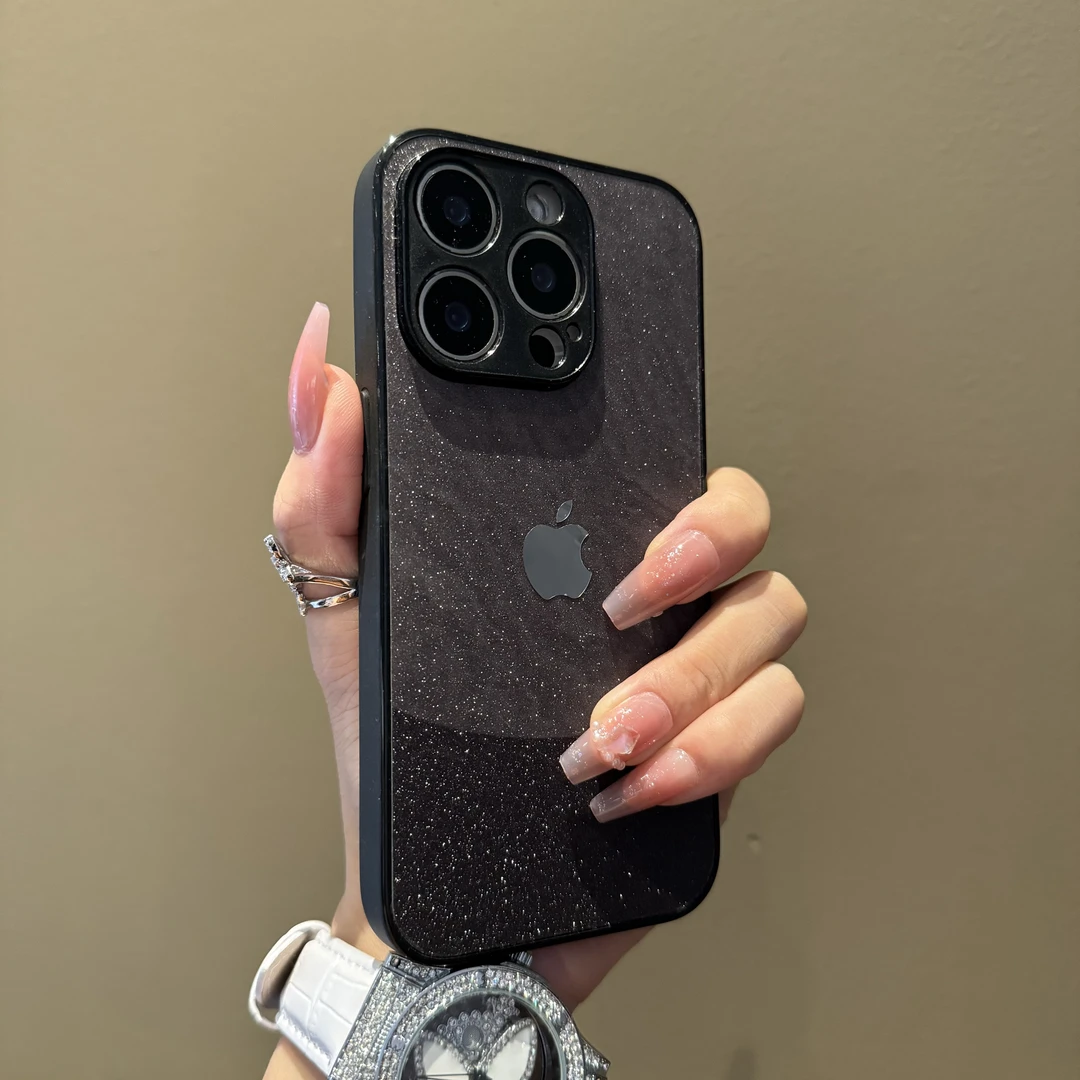 黑色拼接闪粉理石纹苹果15promax手机壳高级iPhone14时尚13网红12