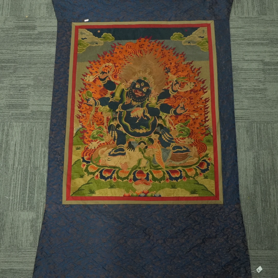 十九世纪六臂玛哈嘎拉刺绣唐卡【古珠精选】ACT2412031012