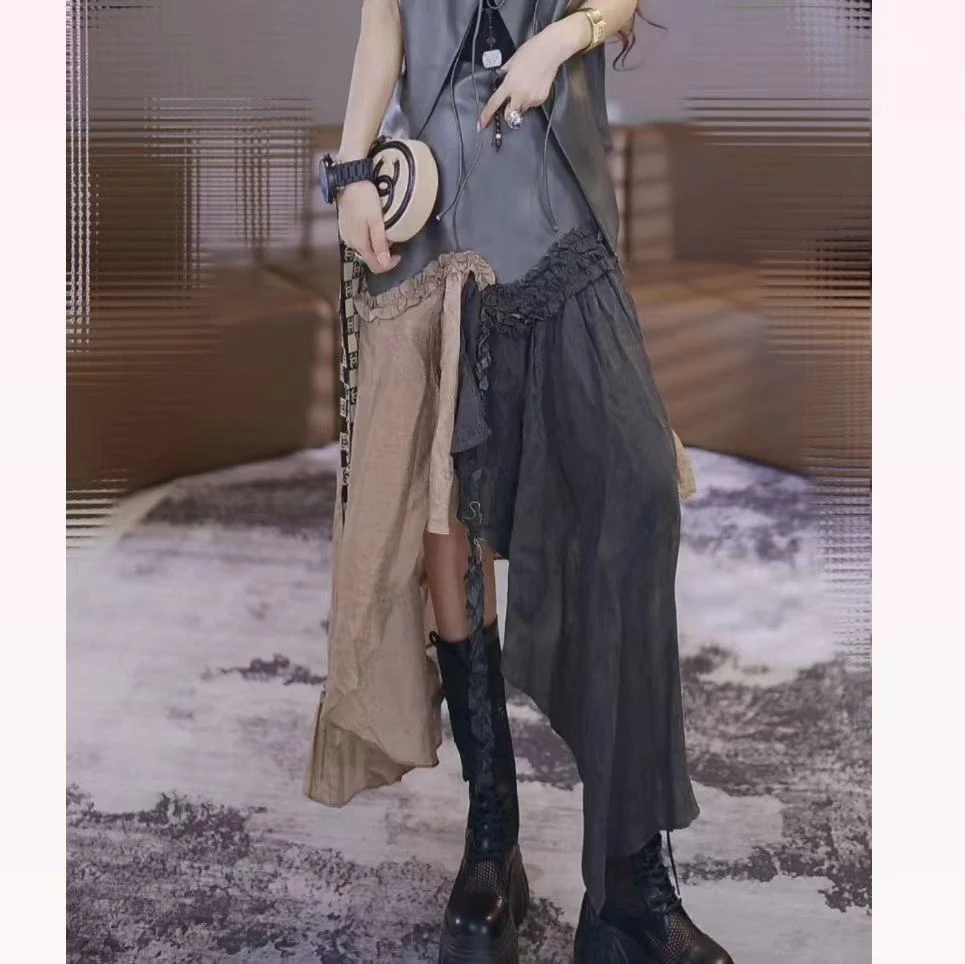 皮拼布料不等式木耳花边半身裙