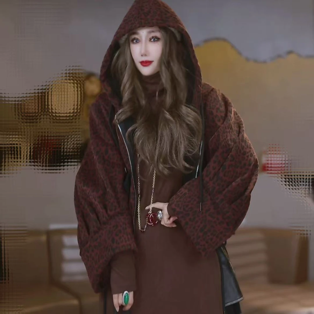 冬款豹纹连帽短款棉衣