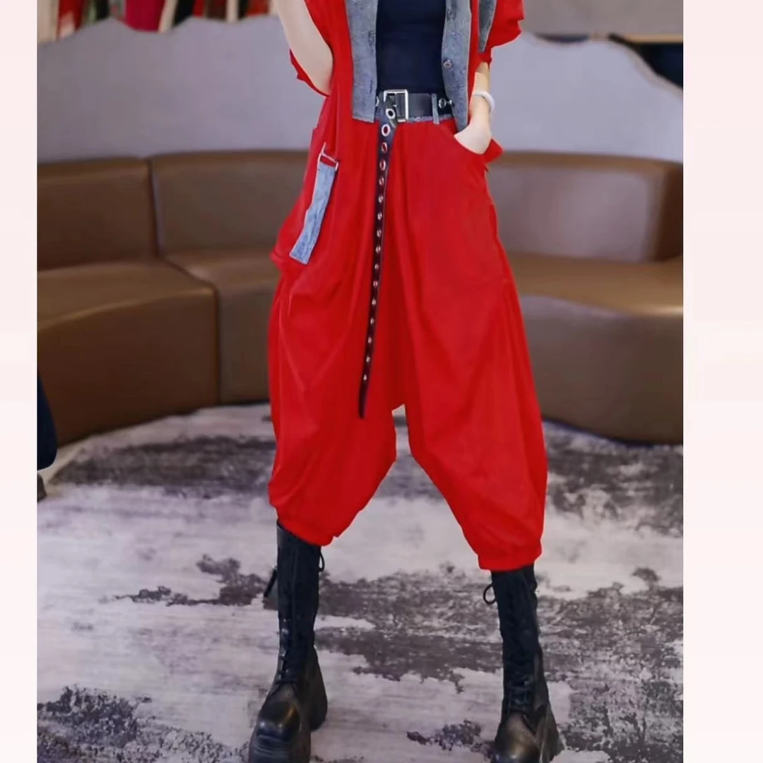 M018#褶皱牛仔拼接时尚百搭休闲裤