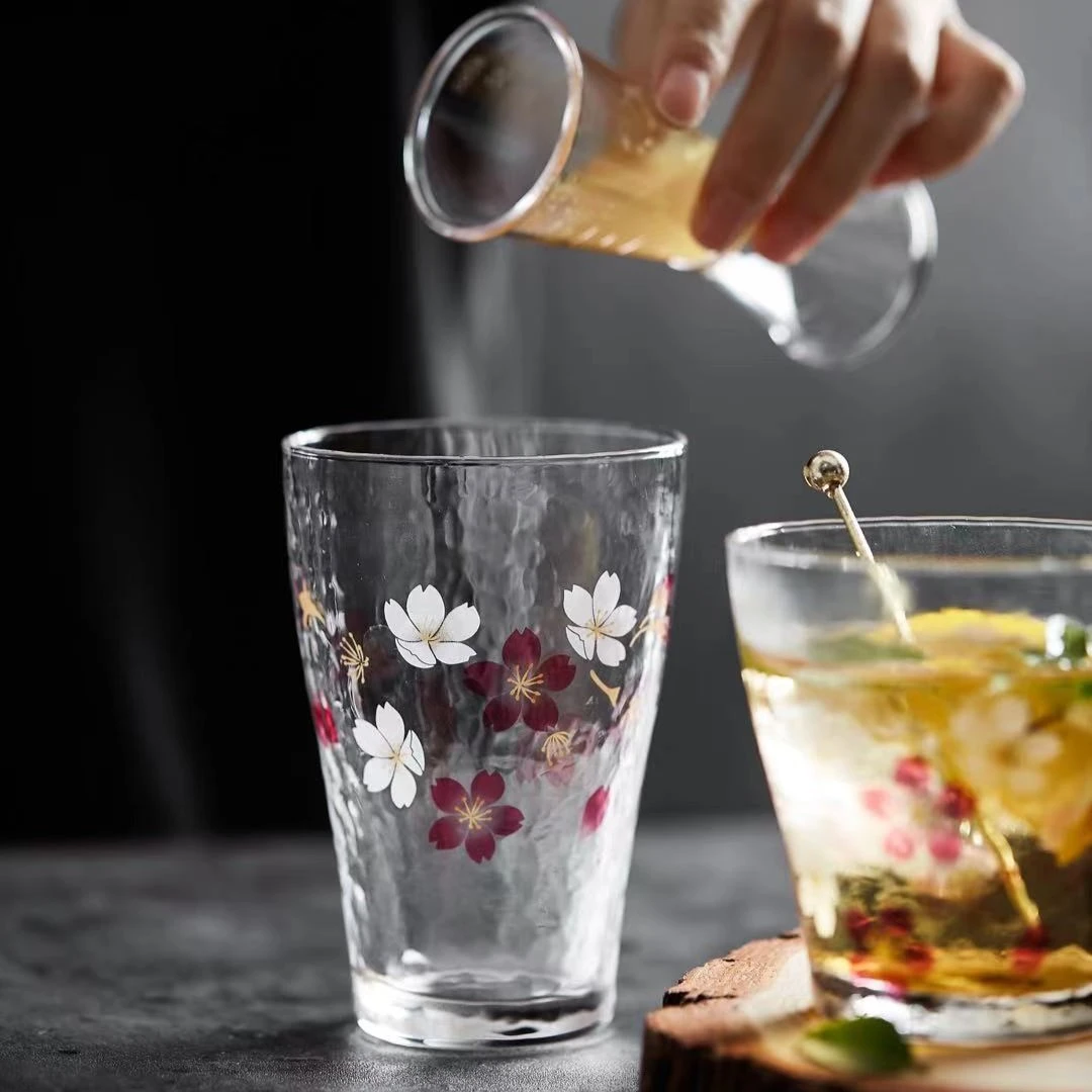 东洋佐佐木锤目纹 缤纷樱花杯 果汁 牛奶 玻璃杯 少女心 无铅锤纹