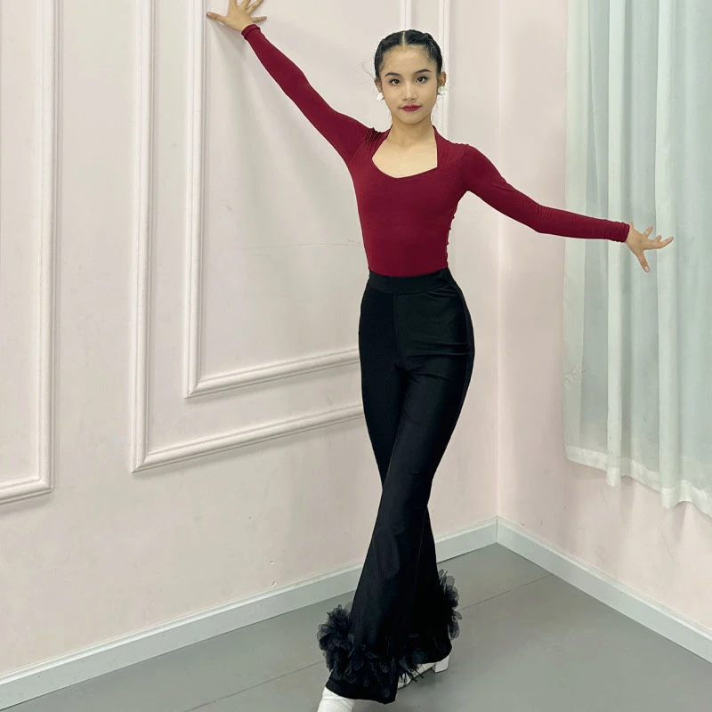 拉丁舞服女童套装裤装少儿训练功练习集训表演出服长袖新高级秋冬