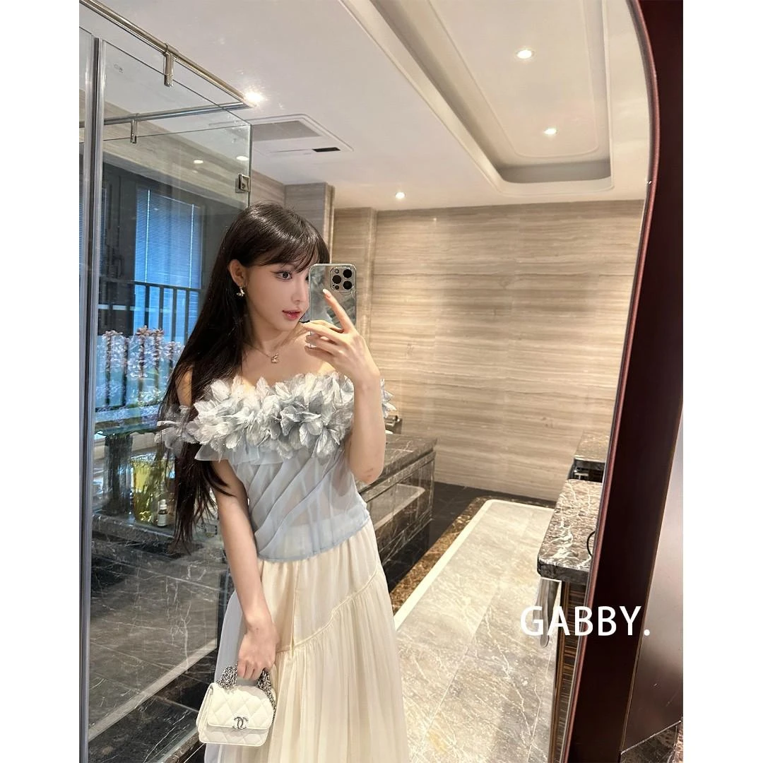 GABBY 高定抹胸手工一片片裁片缝制一字肩上衣仙气抹胸吊带A2321