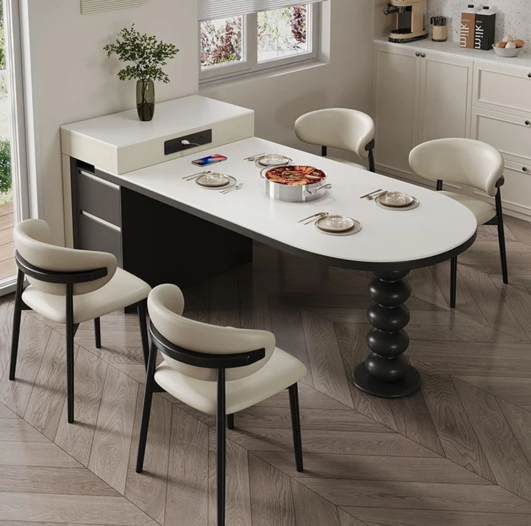 法式中古风可伸缩高脚餐桌一体家用松弛感小户型复古圆弧高脚餐桌