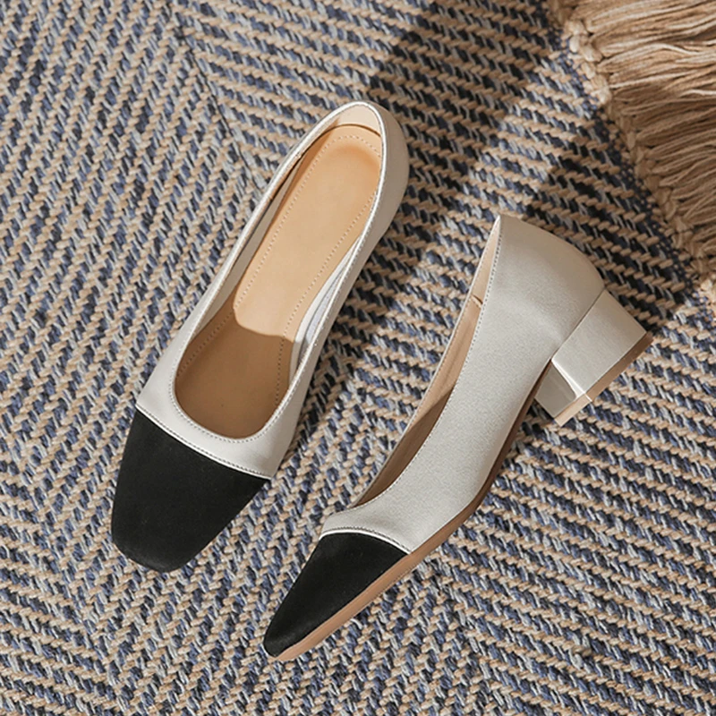 小香风拼色高跟鞋女2025春夏季新款法式浅口软皮中跟粗跟百搭单鞋