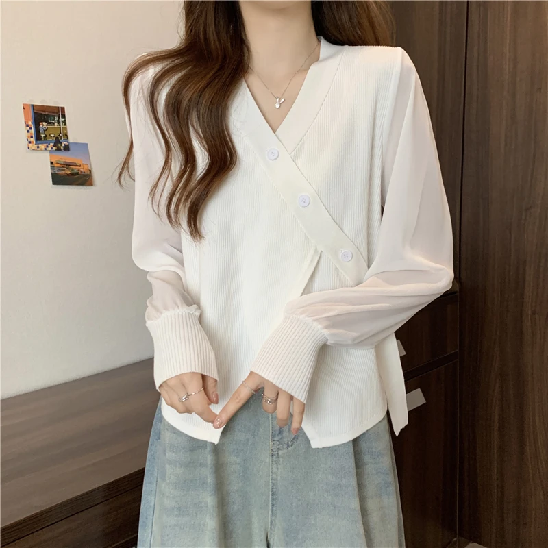 哺乳上衣初秋薄款外出雪纺拼接针织喂奶打底衫产后显瘦辣妈款秋装