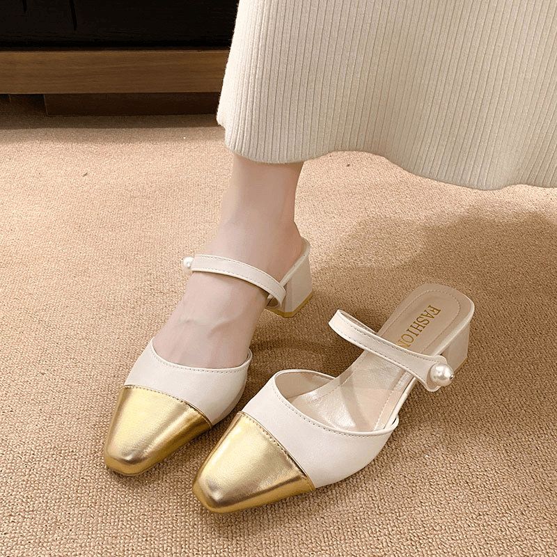 2024夏季新款法式拼色包头半拖鞋休闲时尚百搭外穿中粗跟穆勒凉拖