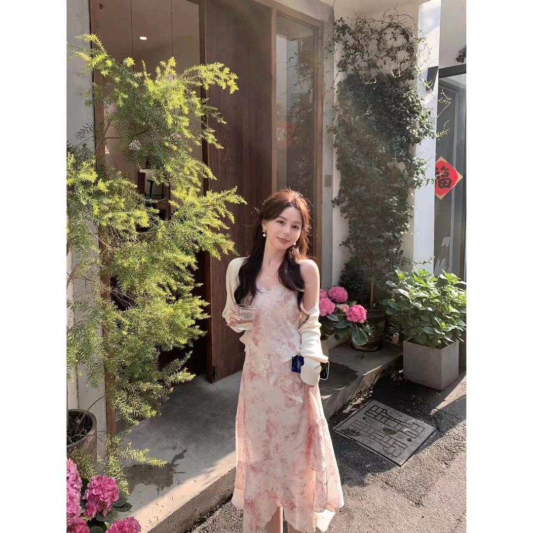 金蘑菇菇【夏日桃桃】荷叶边吊带/短袖连衣裙天丝不规则设计感长裙